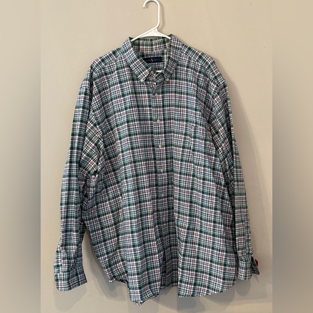 RALPH LAUREN, MEN’S 3XB Green White Red Striped long sleeve button down